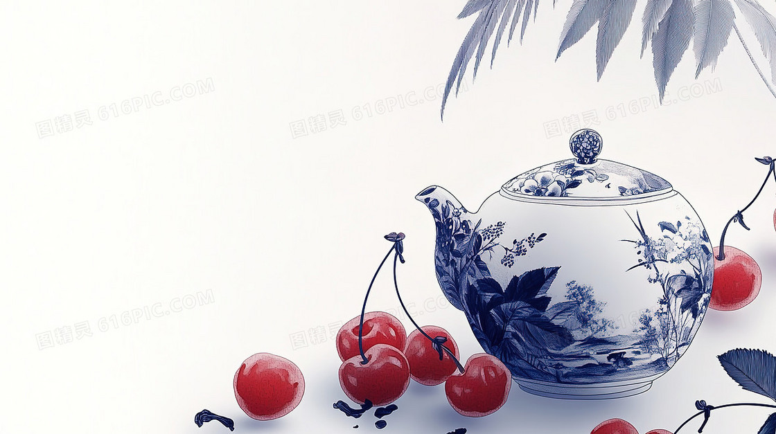 中国风樱桃和茶壶创意背景