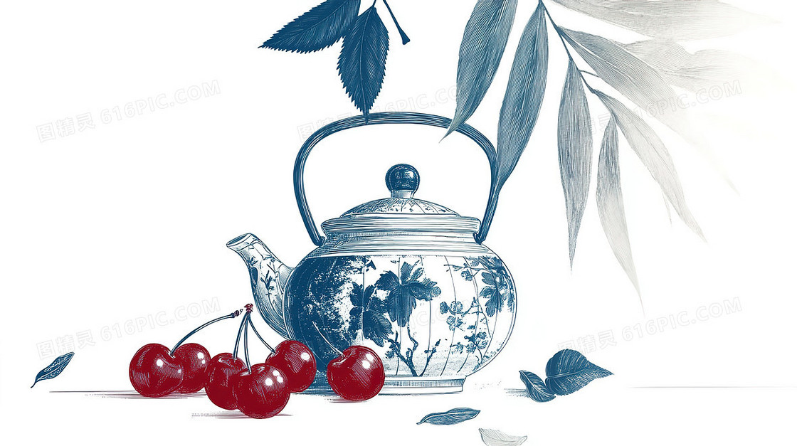 中国风樱桃和茶壶创意背景