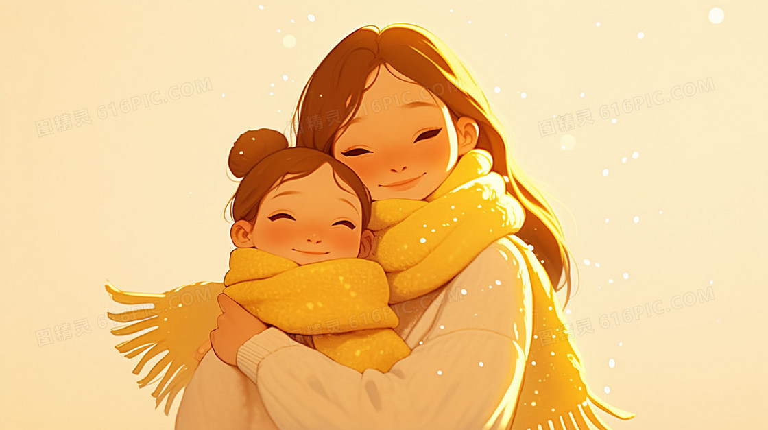 寒冷冬季妈妈抱着孩子保暖温馨背景
