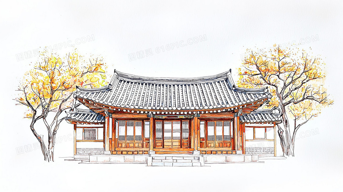 卡通古建筑树木创意背景