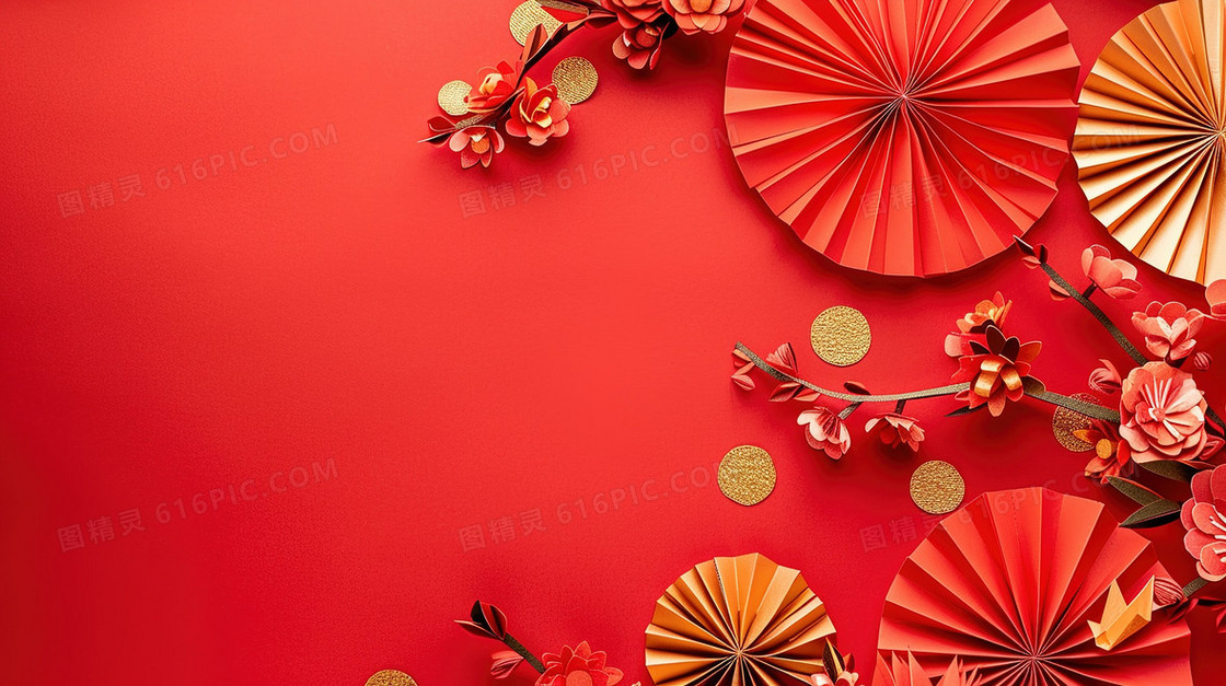 喜庆新年装饰折扇花卉背景