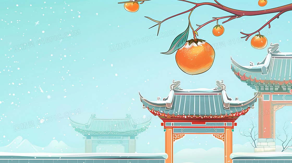 卡通古建筑柿子边框背景