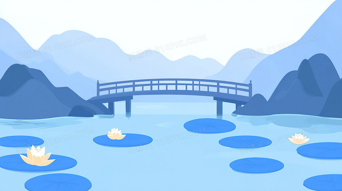 卡通静谧山水荷花背景