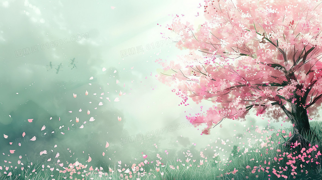 插画风格粉色花朵树木背景