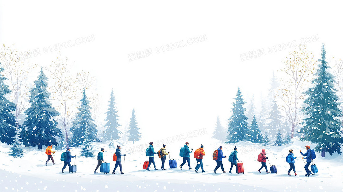 插画风冬季多人旅游背景