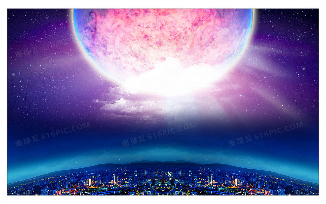 蓝色星空月亮城市背景图