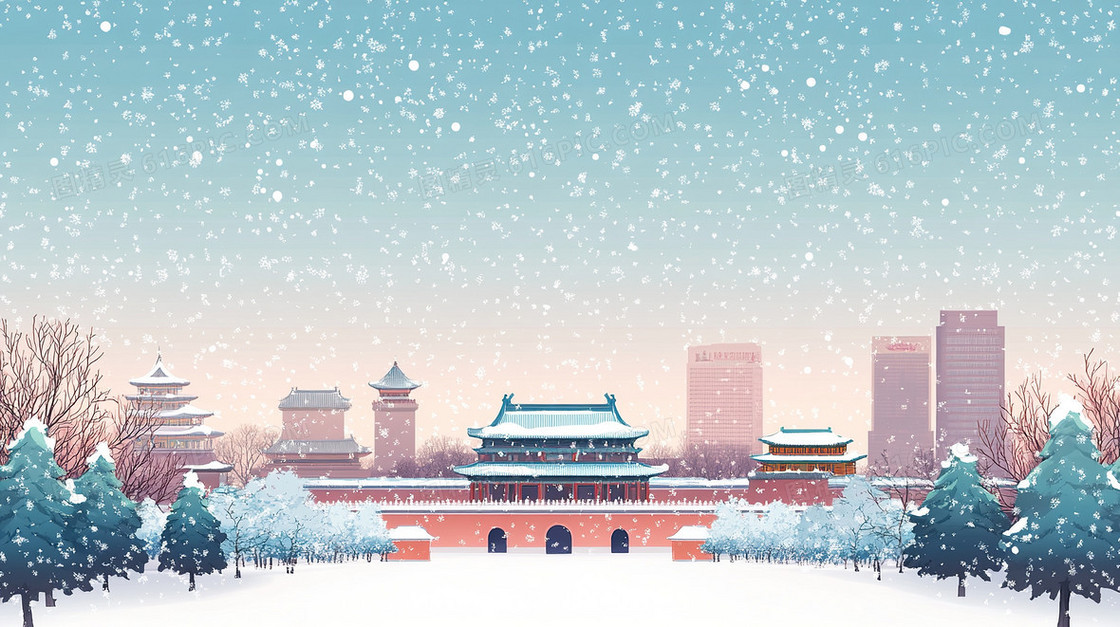 插画风北京地标冬季旅游背景