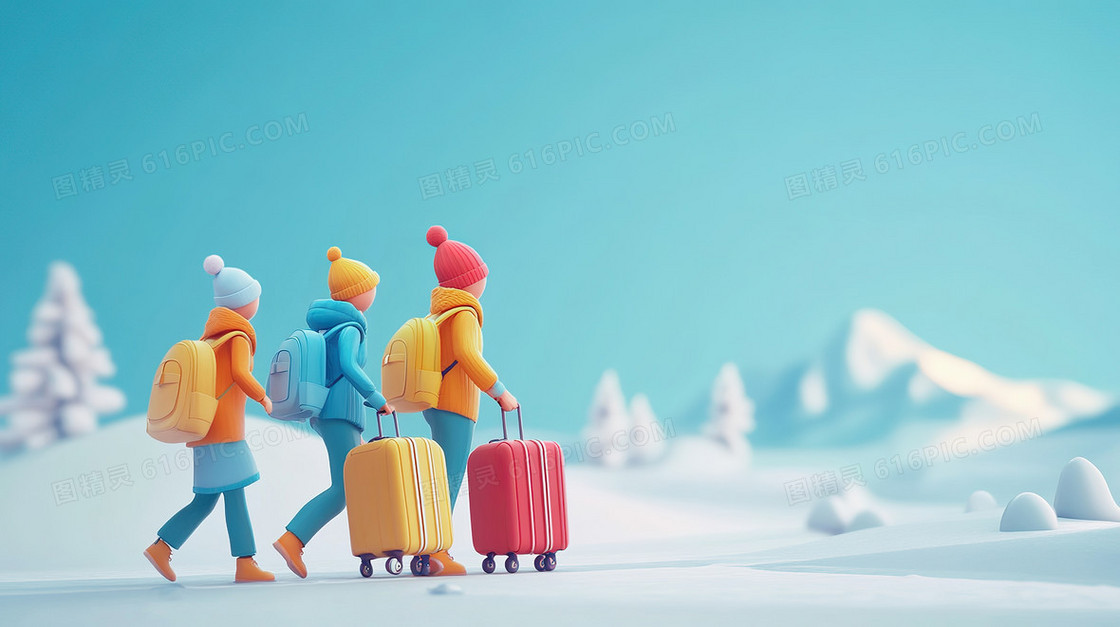 3D风冬天拿着行李去旅游的人背景