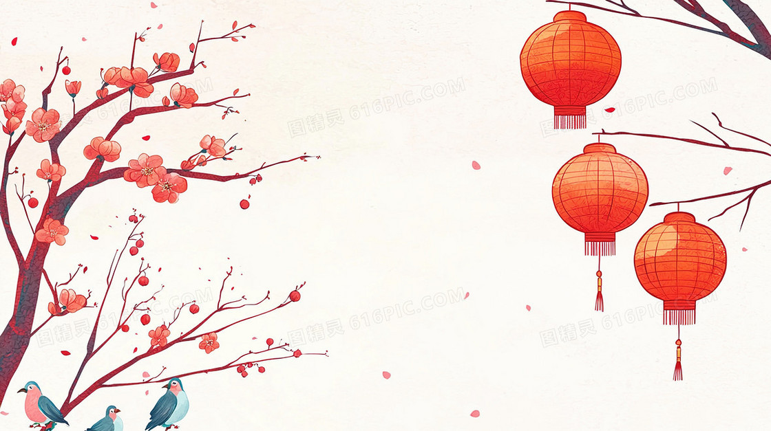 卡通新年装饰红色灯笼梅花背景