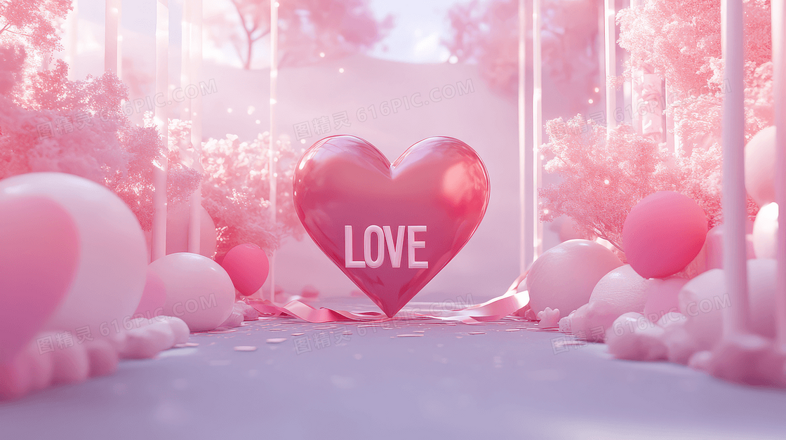 3D爱心love情人节粉色背景