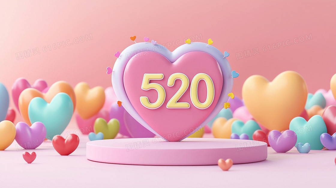 C4D立体浪漫520情人节爱心创意背景