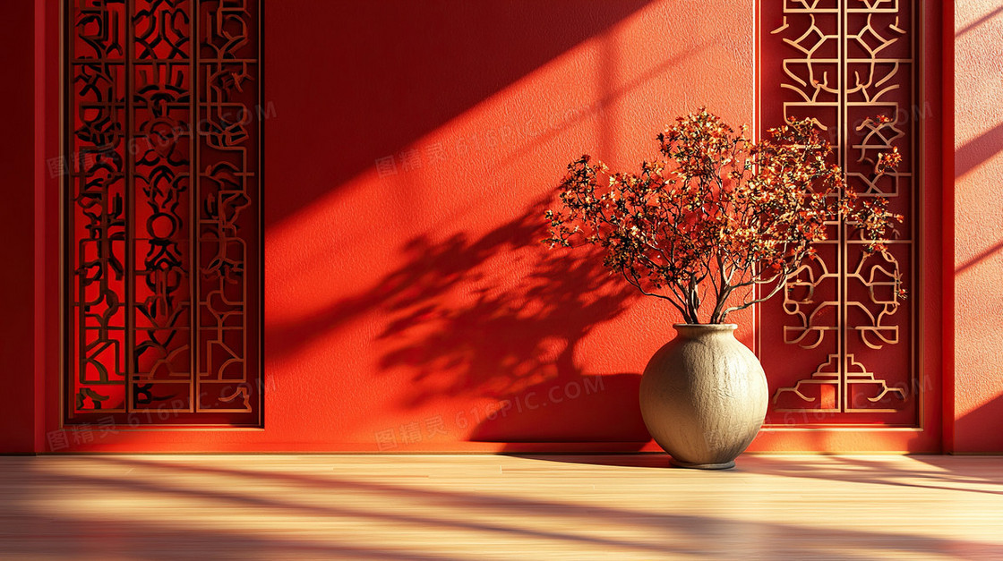 红色花瓶中国风立体空间感背景