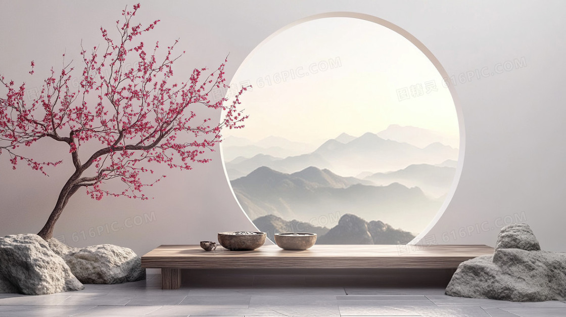 山水桃花立体中国风陈列背景