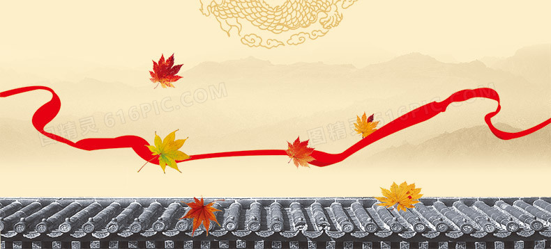 中国风红丝带枫叶详情页海报背景