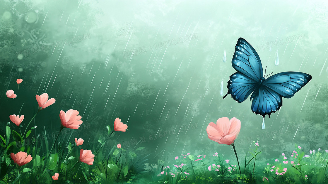 雨中蝴蝶与花背景