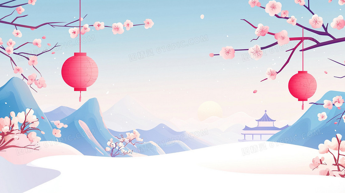 挂在梅花树枝灯笼远山背景
