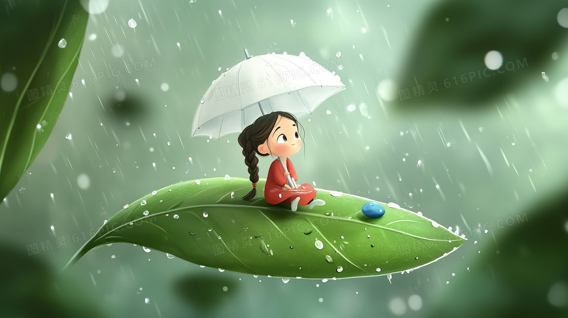 卡通雨中树叶女孩背景