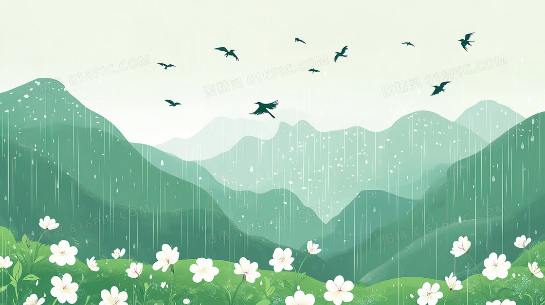 雨中群山飞鸟背景