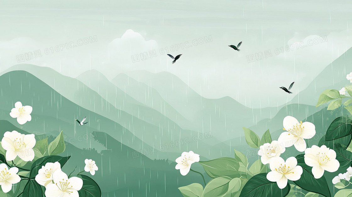 雨中群山飞鸟背景