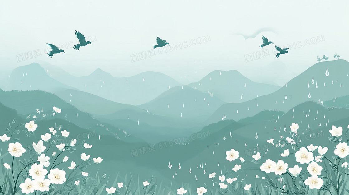 雨中群山飞鸟背景