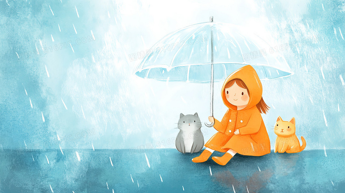 雨中女孩与猫背景