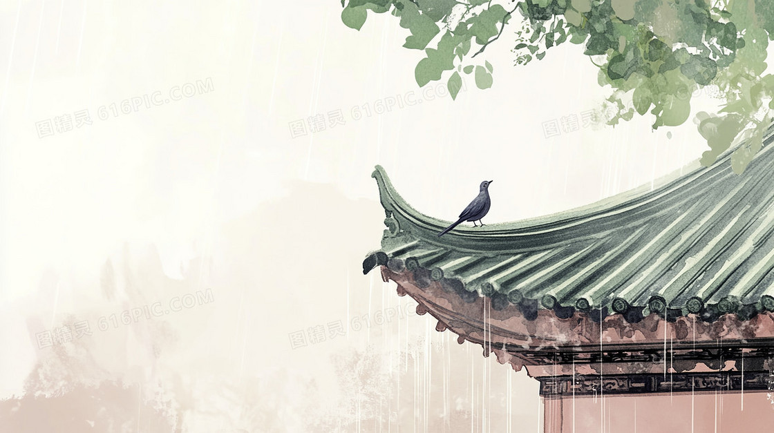 雨水屋檐简洁水墨风背景