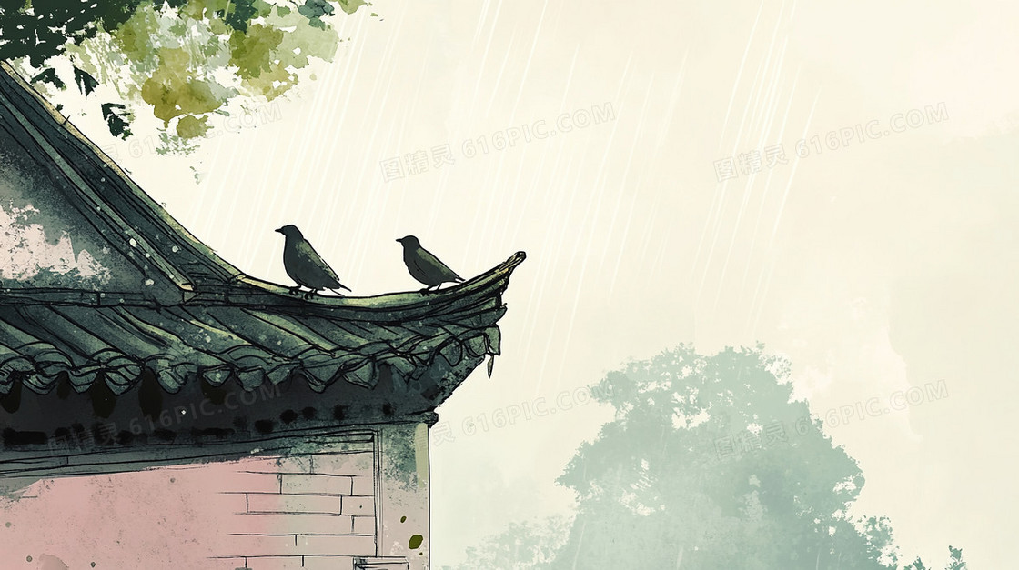雨水屋檐简洁水墨风背景