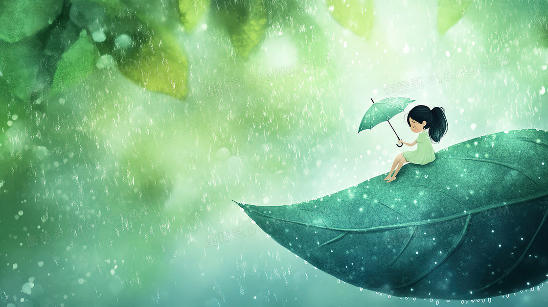卡通雨中树叶女孩背景
