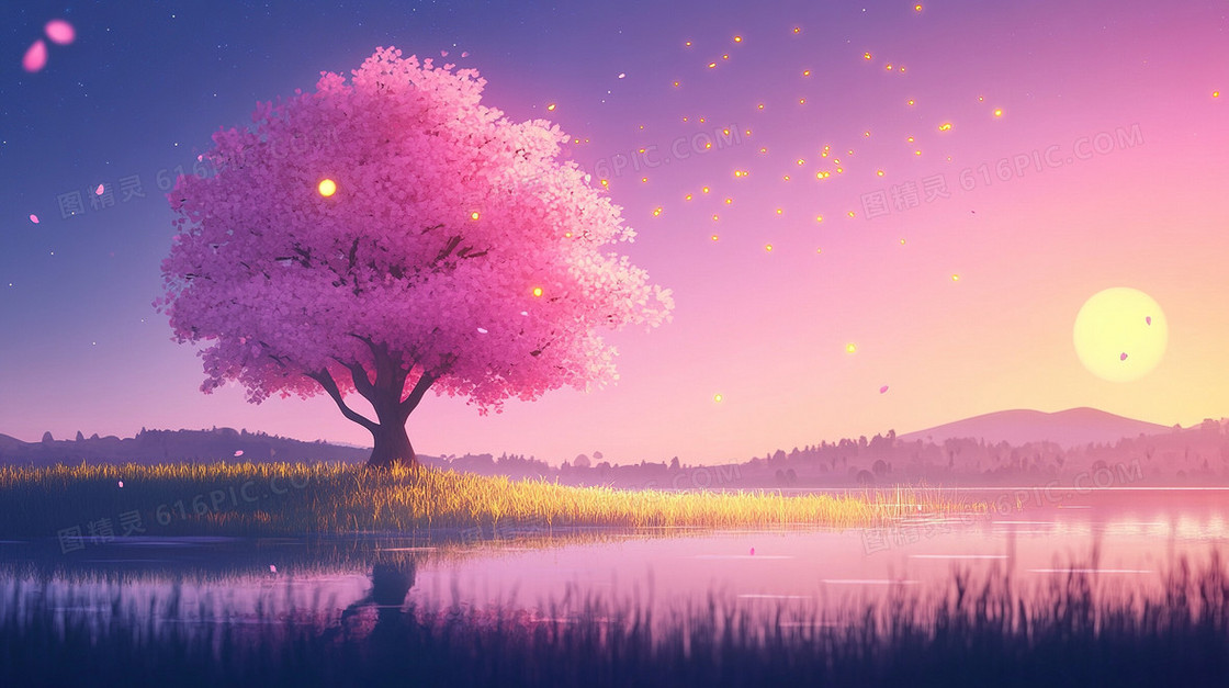 紫色唯美湖边背景