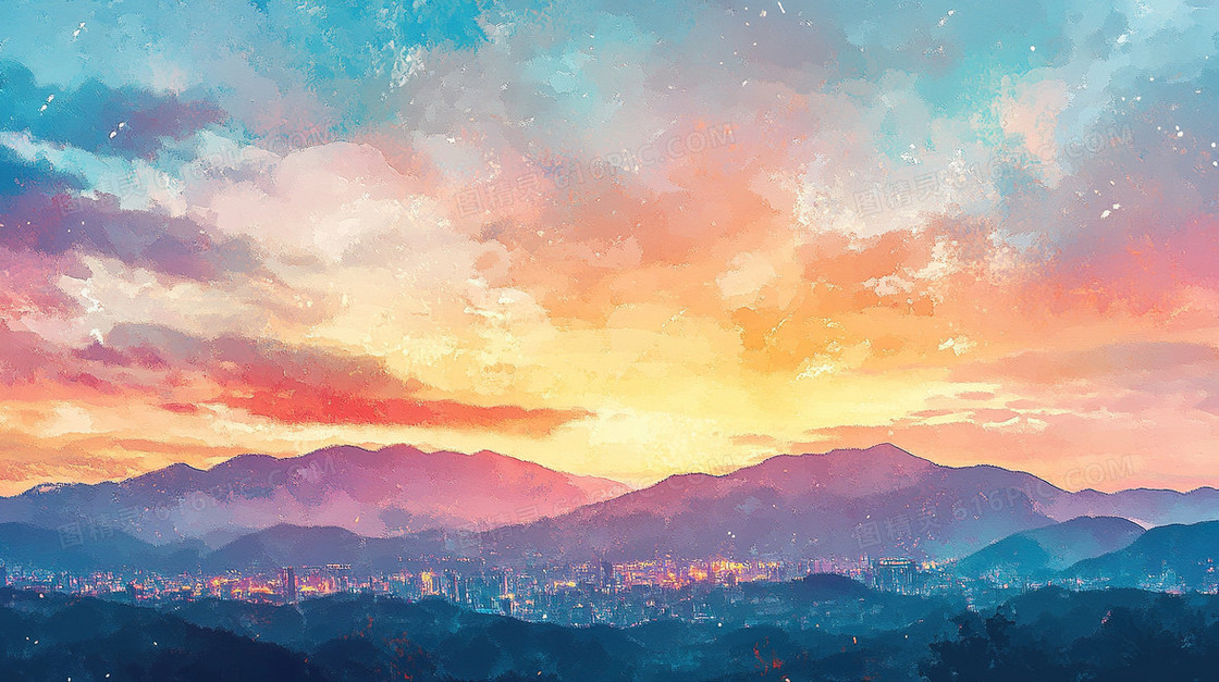 夕阳水彩质感渐变背景