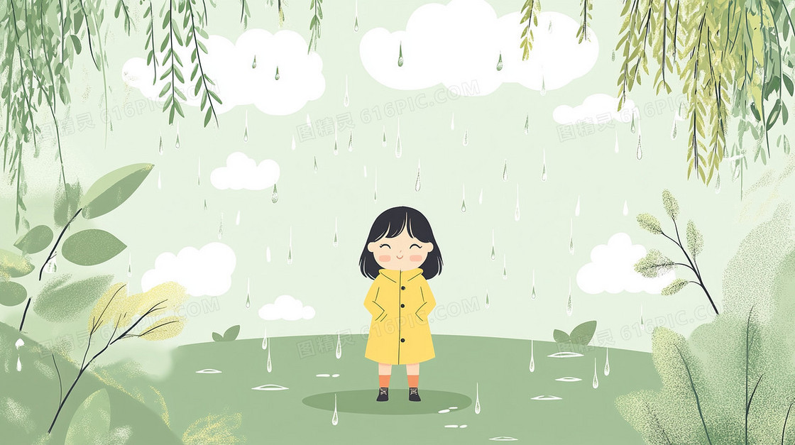 卡通草地女孩下雨背景