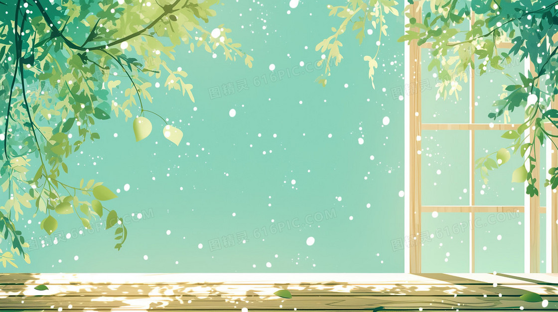 下雪天窗边绿叶简约背景