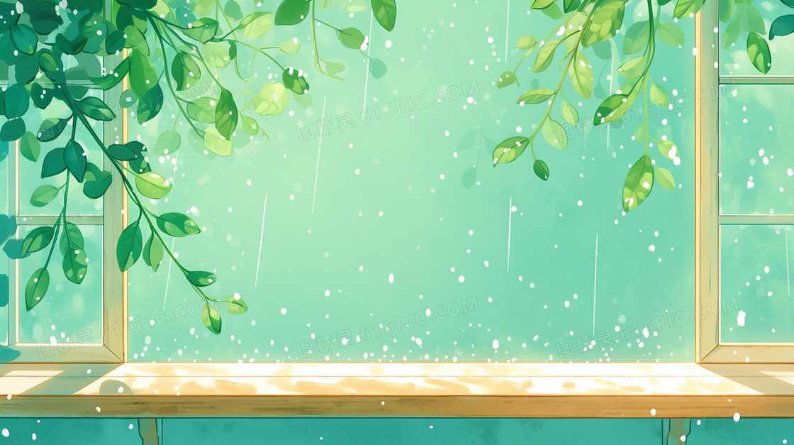 下雨天窗边绿叶简约背景
