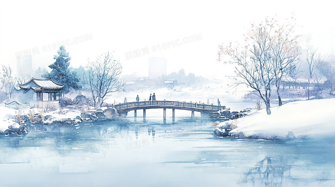 水彩风冬季小桥背景