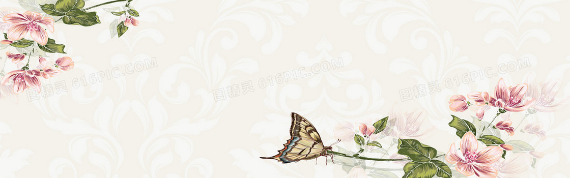 手绘中式花朵蝴蝶海报背景