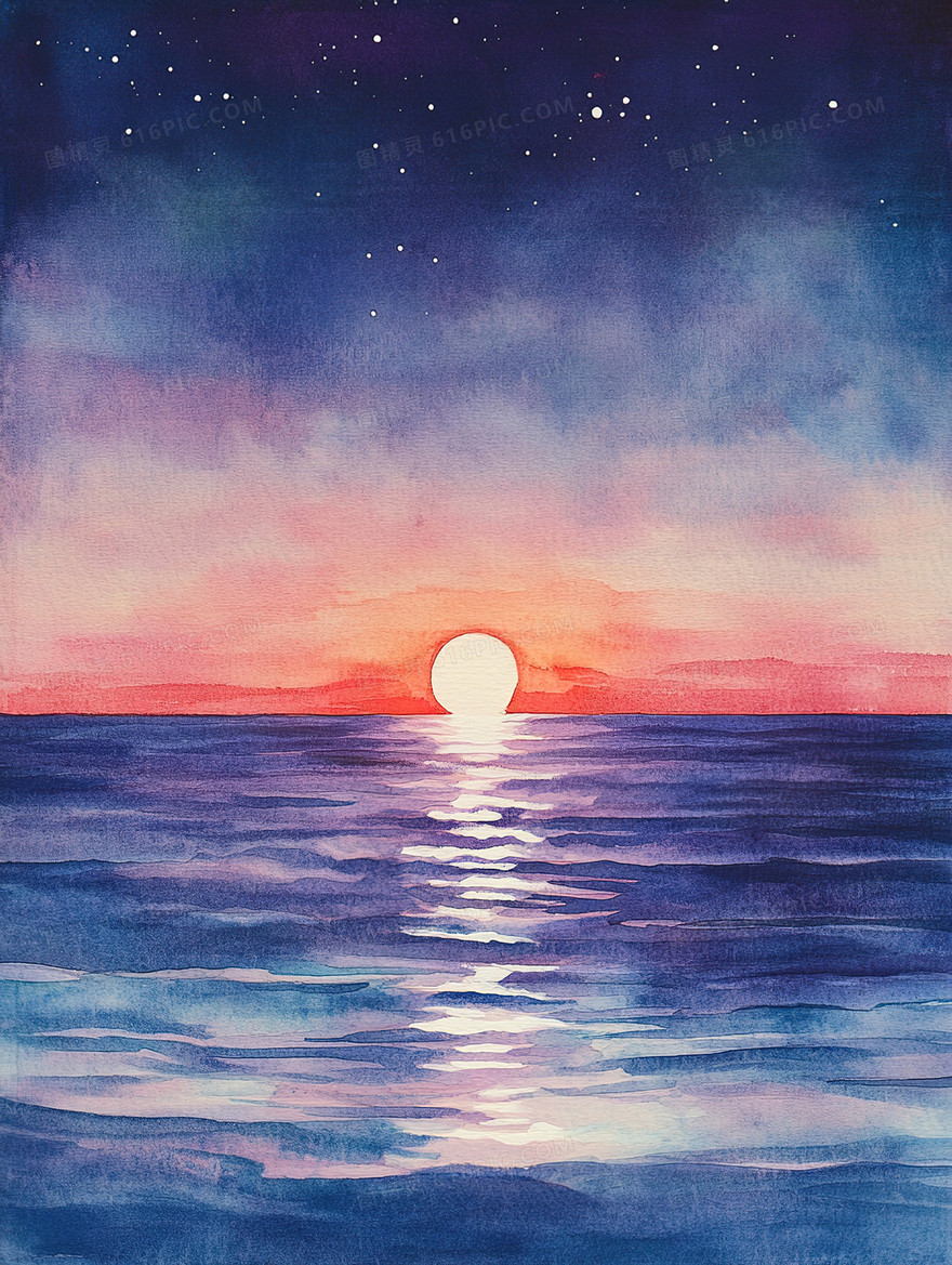 水彩风海上落日背景
