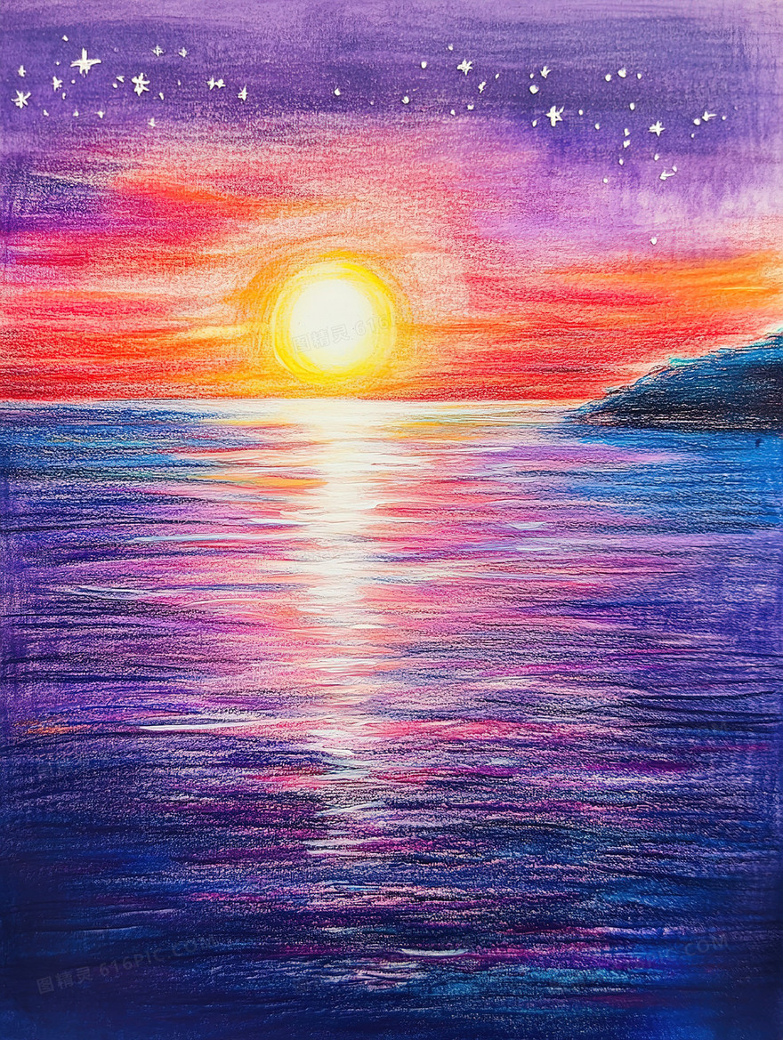 水彩风海上落日背景