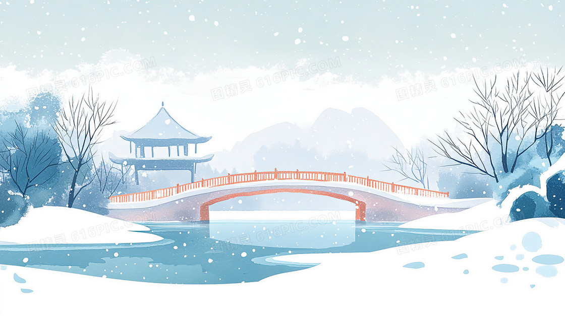 水彩风冬季小桥背景