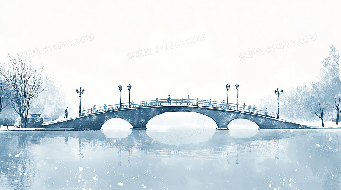 水彩风冬季小桥背景
