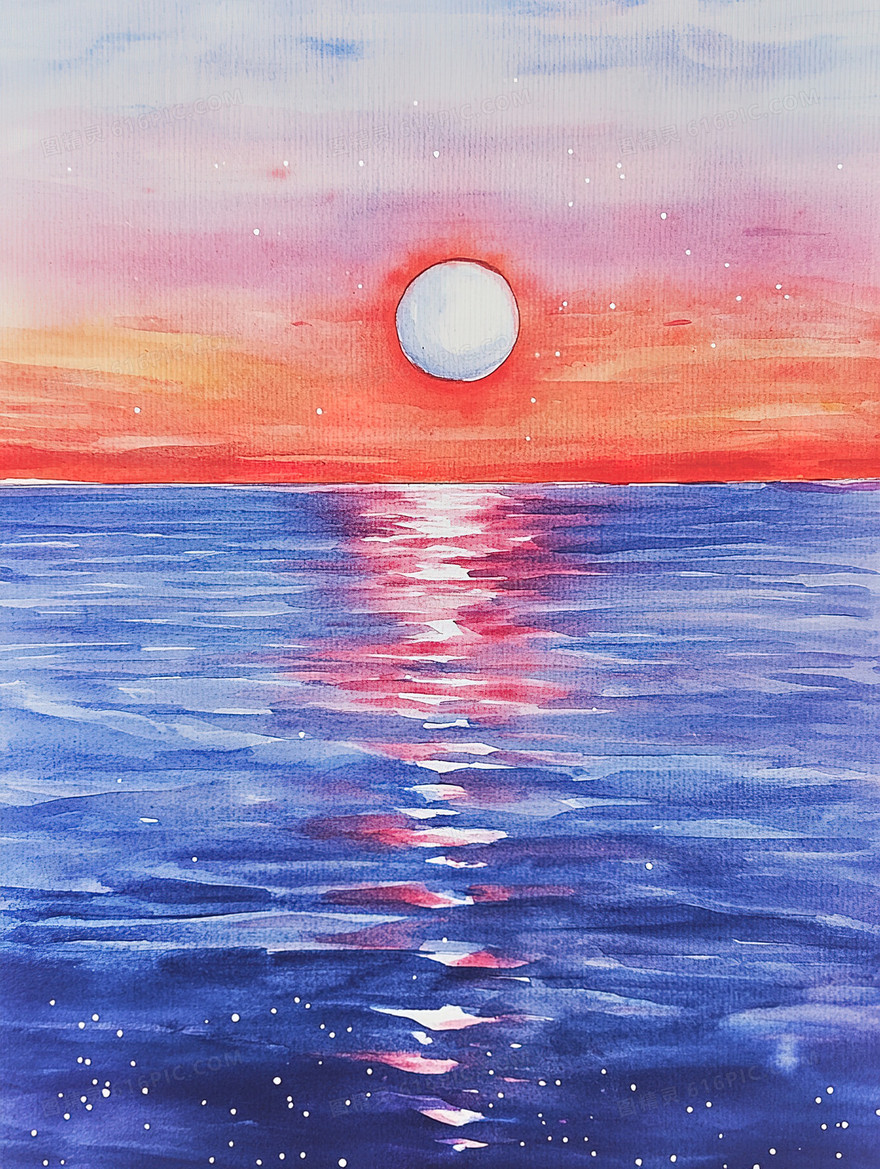 水彩风海上落日背景