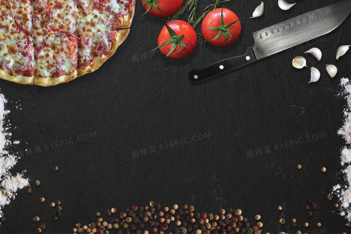 美式写实美食餐饮食材披萨番茄餐刀海报背景