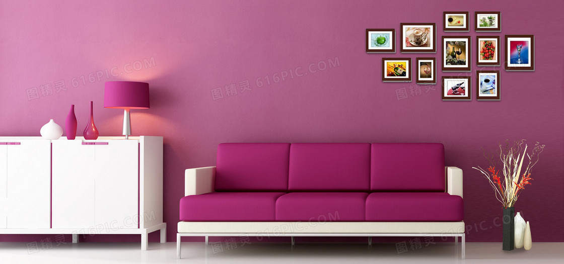 现代感紫色家居室内场景照片墙电商海报背景