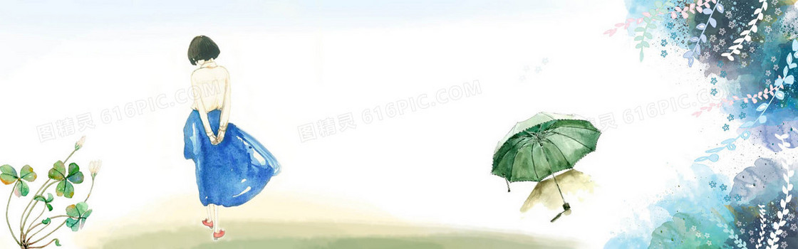 清新淡雅蓝色三叶草太阳伞女孩背影背景