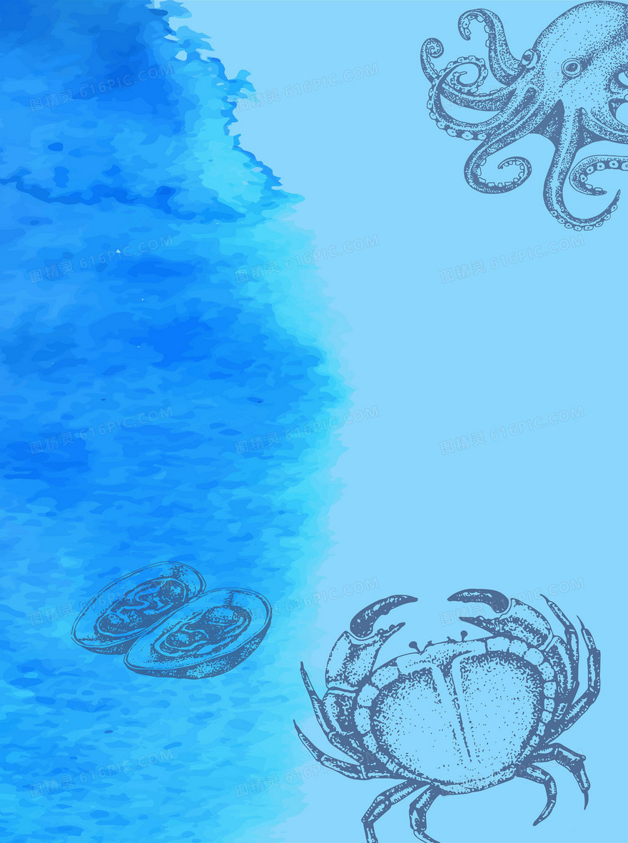 矢量蓝色水彩手绘海鲜涂鸦背景