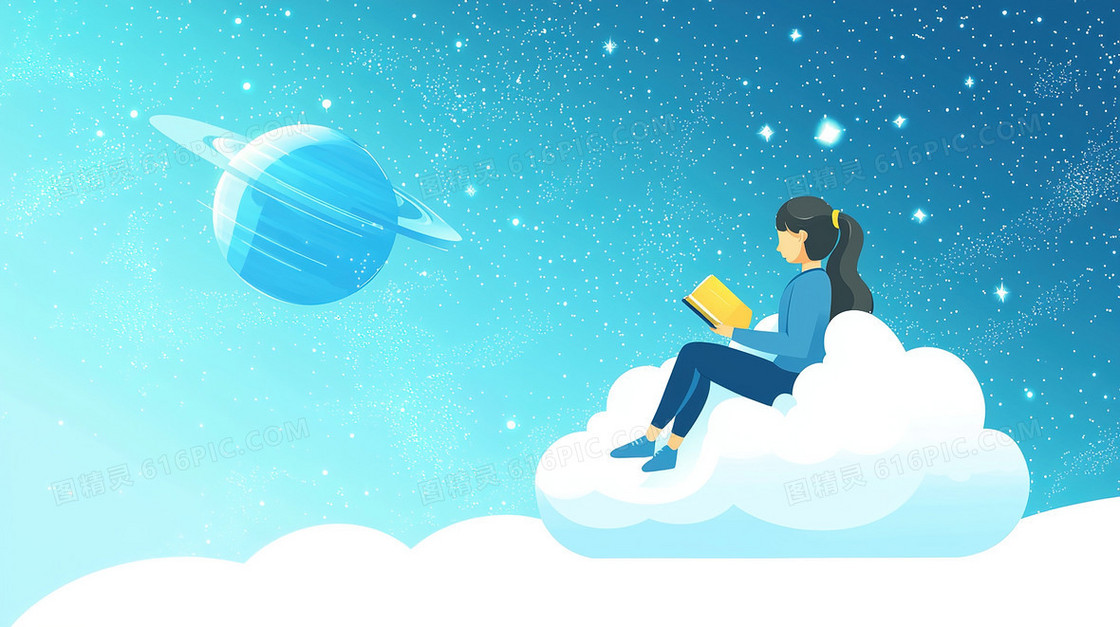 坐在云层里看书的梦幻女孩卡通背景