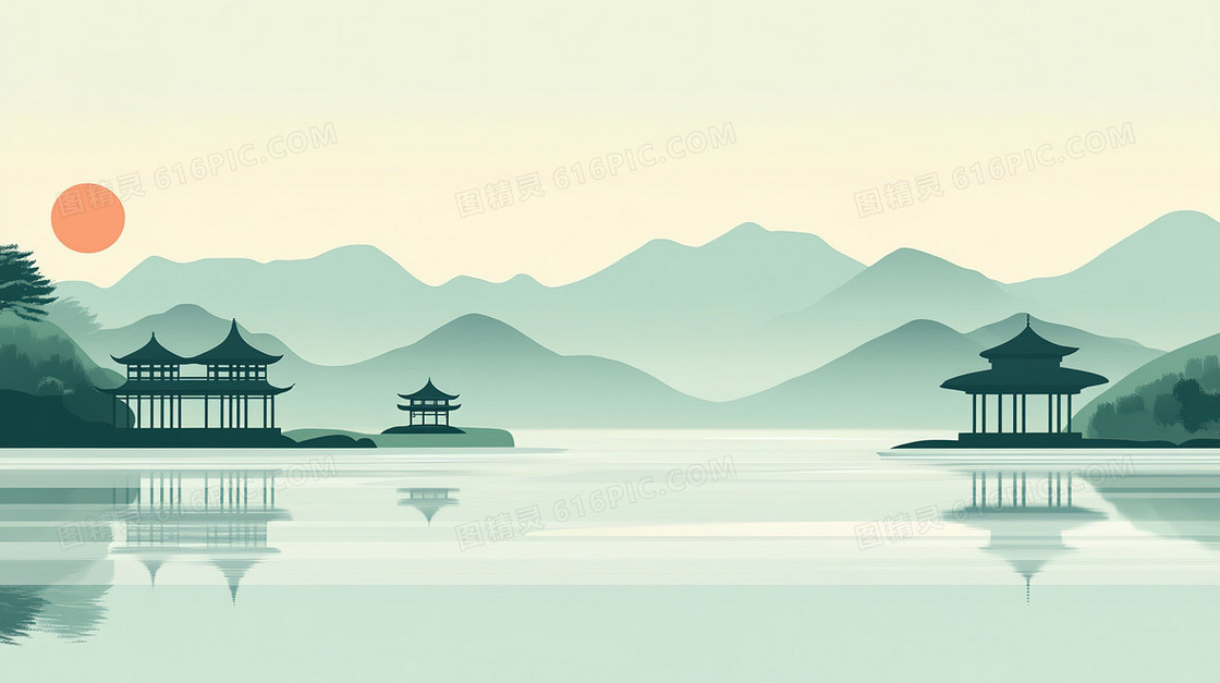 中式建筑山水背景