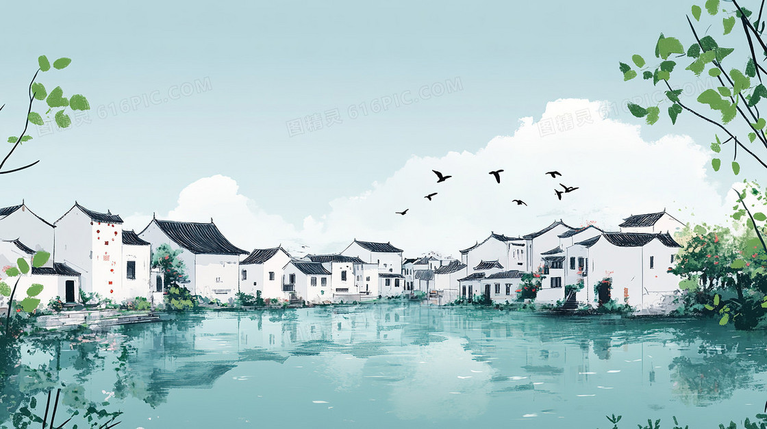 春日江南村庄背景
