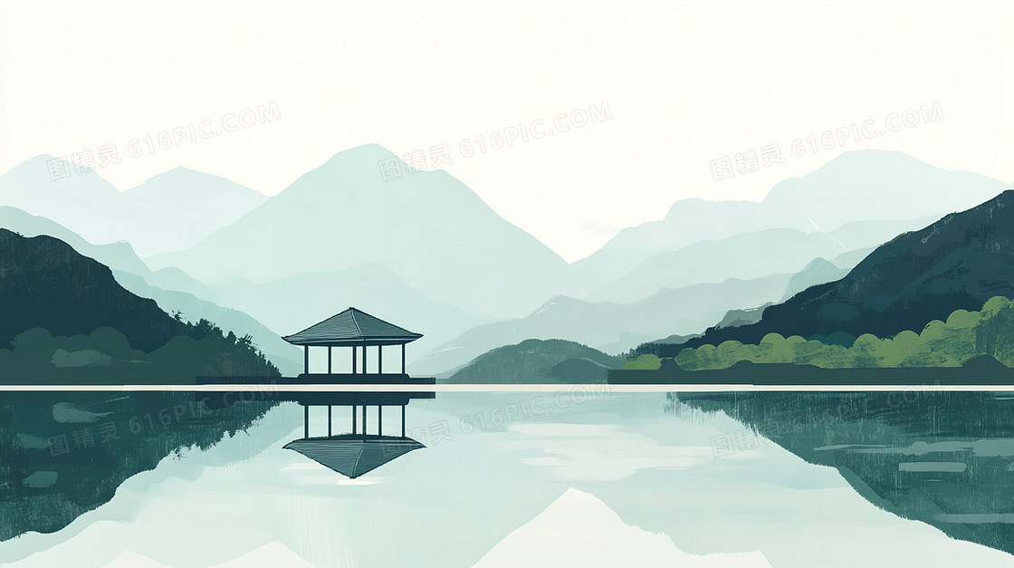 中式建筑山水背景
