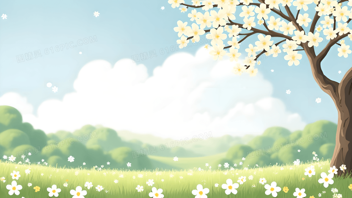春天蓝天白云下的梨花背景