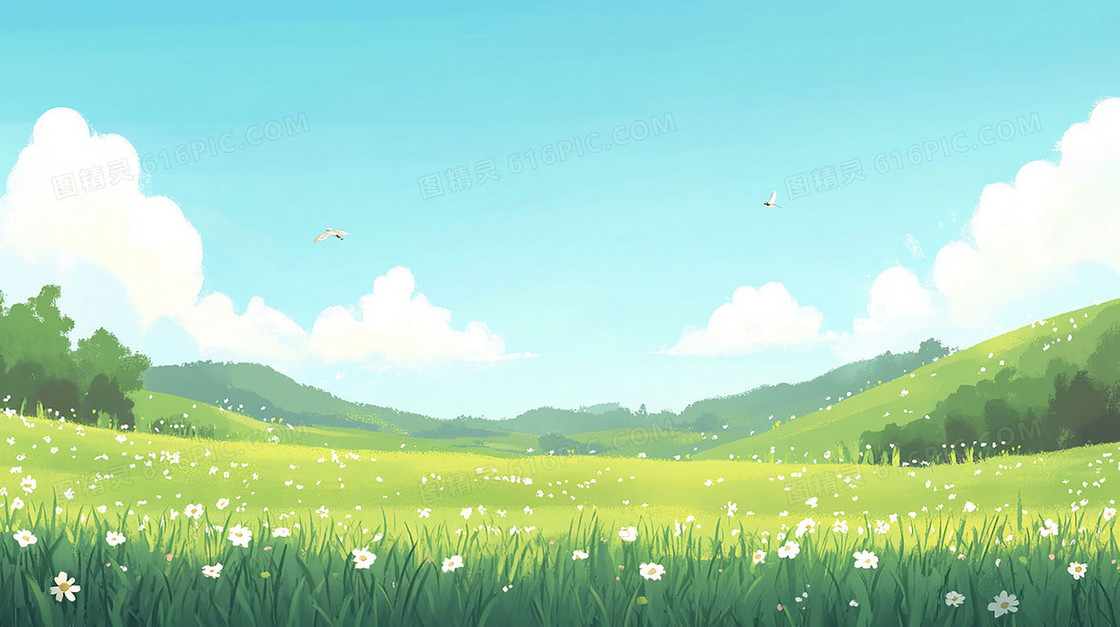 小清新蓝天白云草地背景